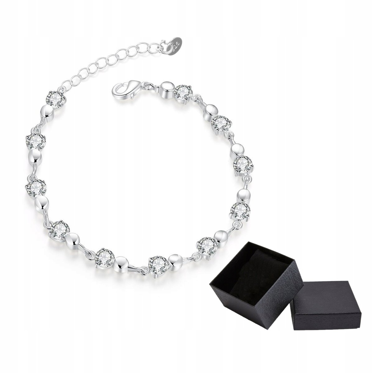 Bransoletka Damska Srebrna Łańcuszki Kuleczki Kryształki Cienka Delikatna