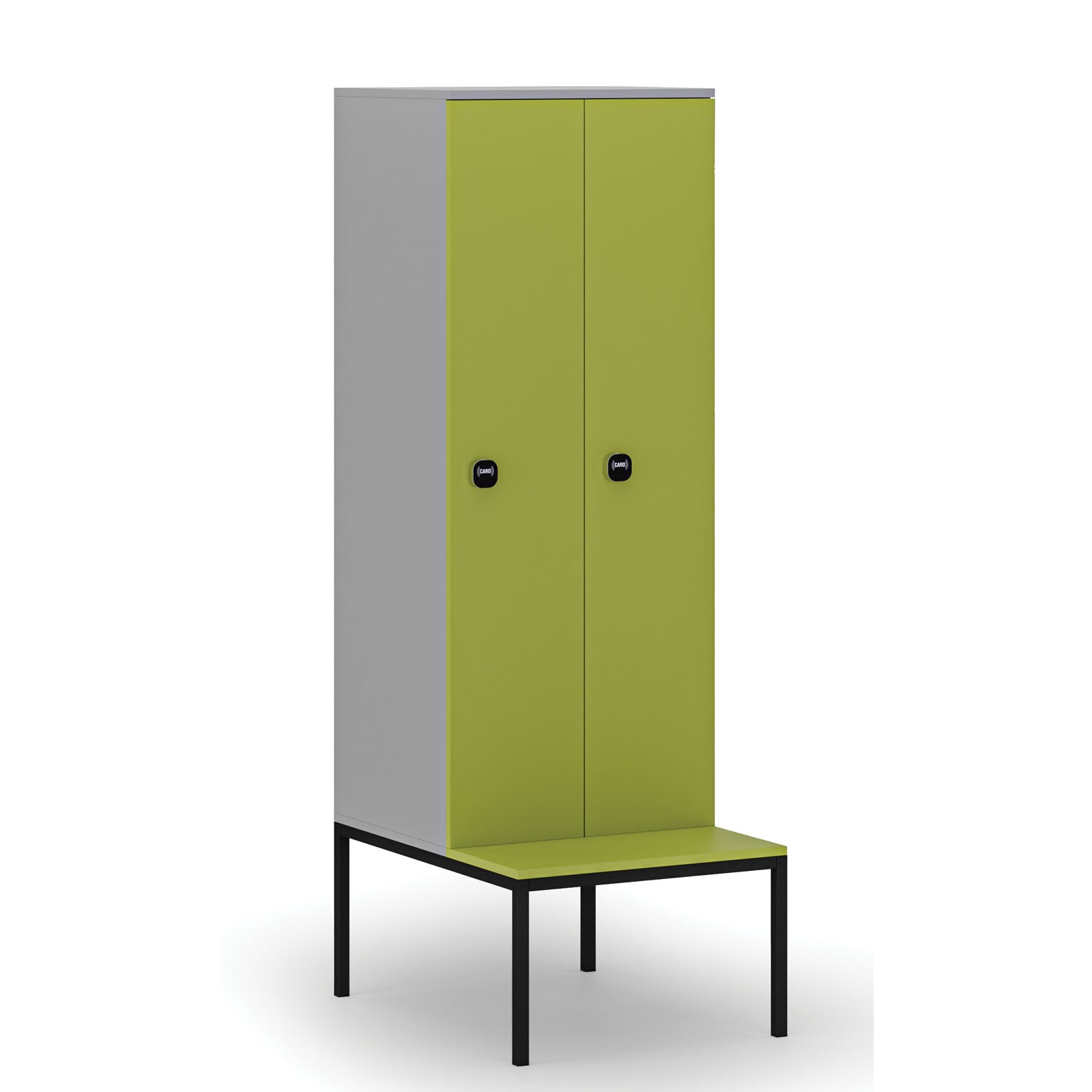 Drewniana szafa ubraniowa z ławką, 2-drzwiowa, 1871 x 600 x 500/800 mm, zamek RFID, szary/zielony