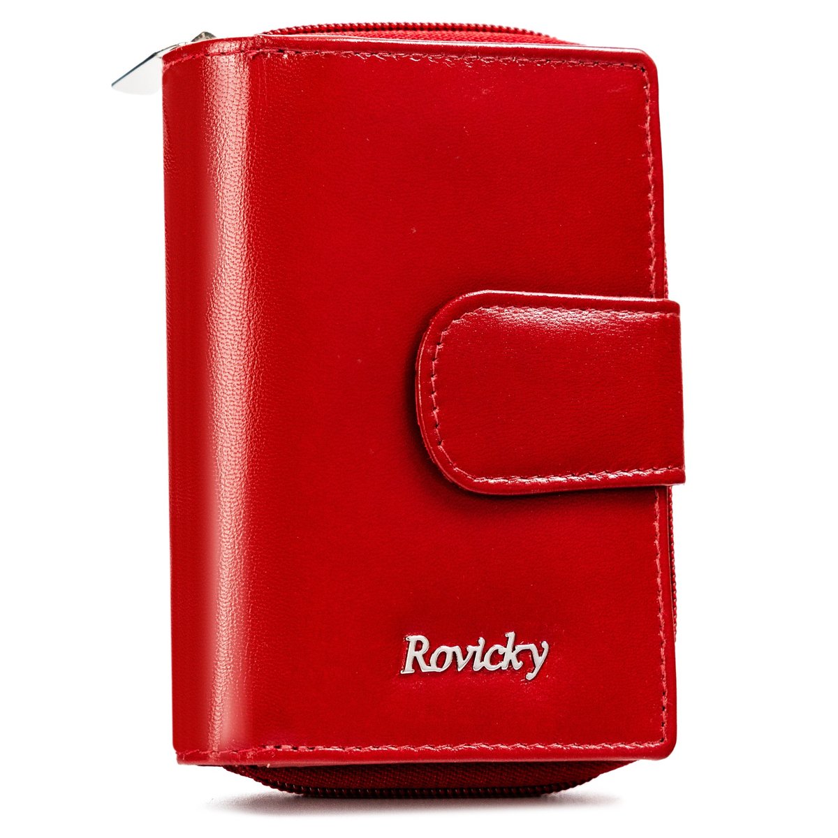 Mały skórzany portfel damski na karty portmonetka na suwak ochrona RFID Rovicky, czerwony
