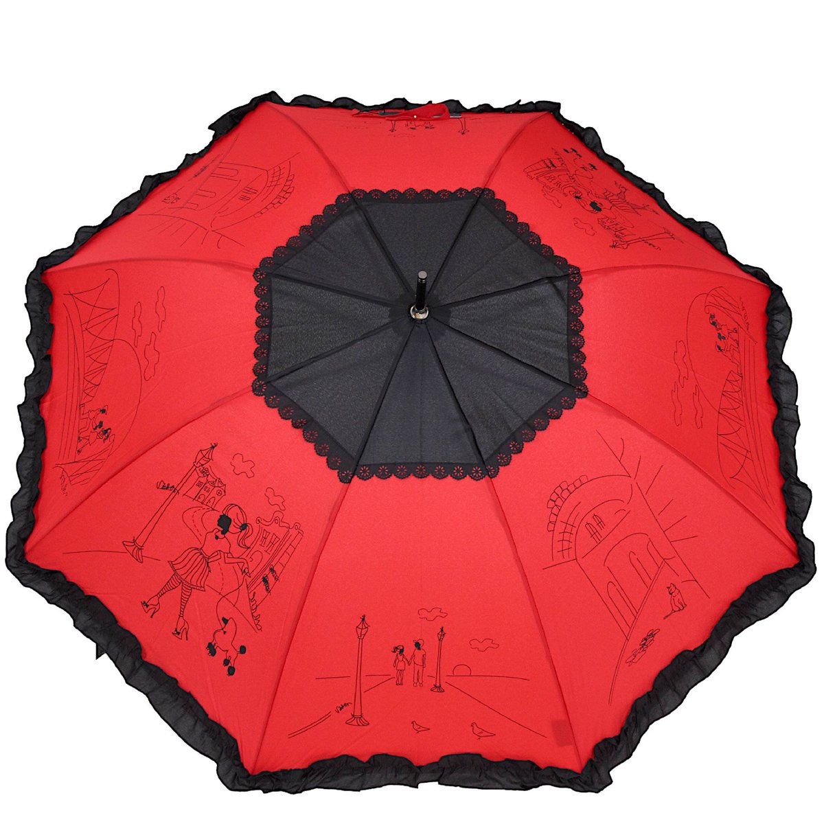 Parasolka Damska Automatyczna z Falbanką - Paryżanka, Elegancja w Czerwono-Czarnym