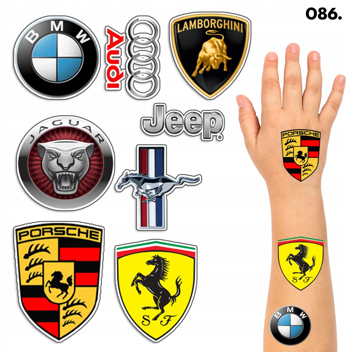 TATUAŻE ZMYWALNE DLA DZIECI TYMCZASOWE SAMOCHODY MARKI LOGO - 8 EL. / 150 W