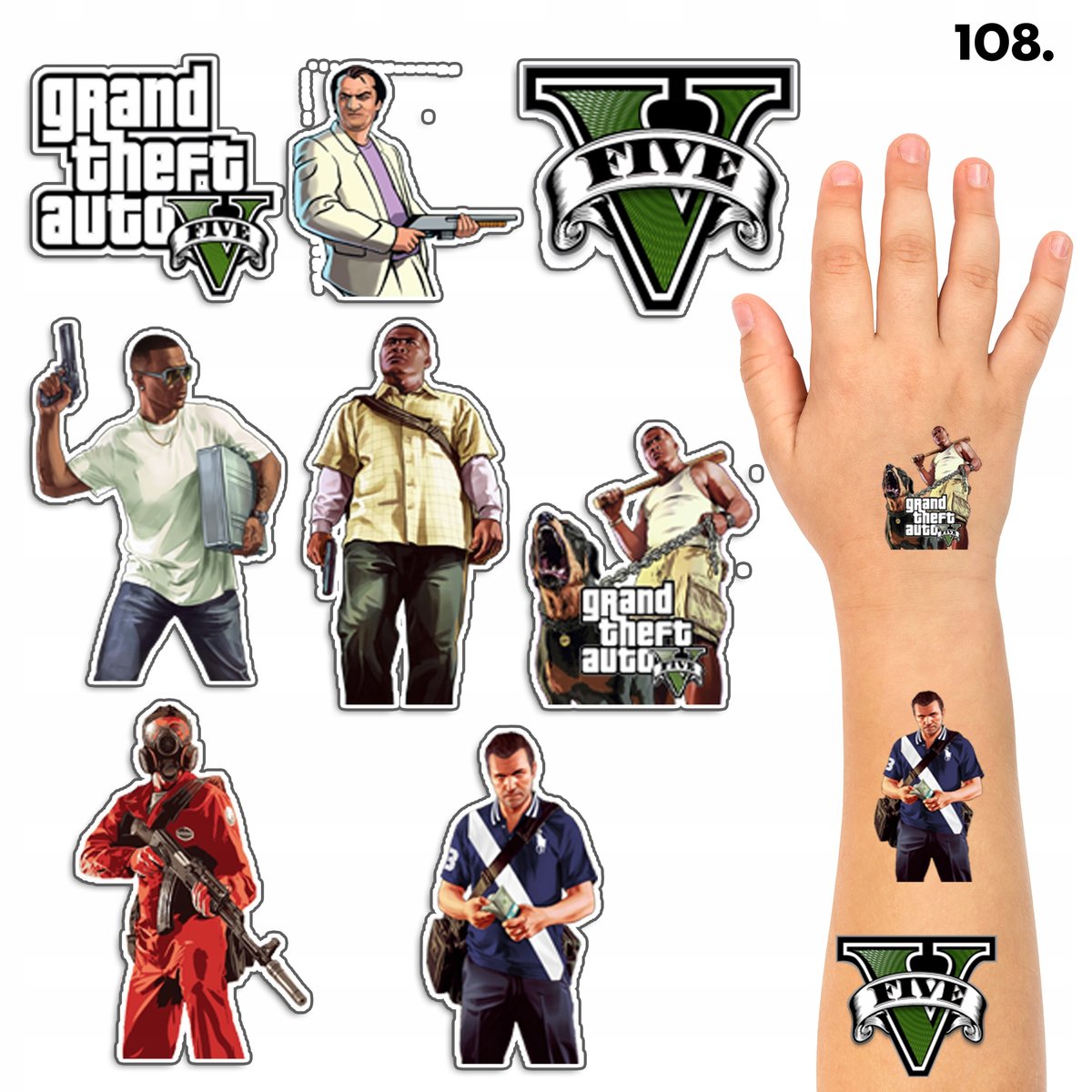 TATUAŻE ZMYWALNE DLA DZIECI TYMCZASOWE GTA V - 8 EL. / 150 WZORÓW
