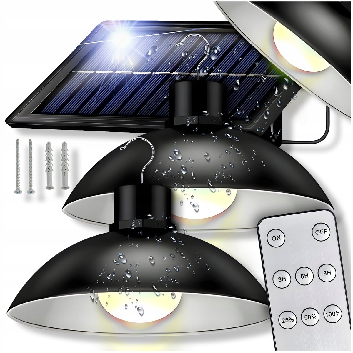 LAMPA SOLARNA 2X ŻYRANDOL LED WISZĄCA OGRODOWA ZEWNĘTRZNA PANEL + PILOT