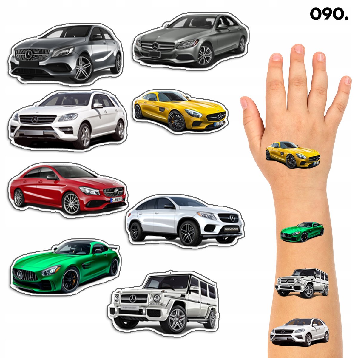 TATUAŻE ZMYWALNE DLA DZIECI TYMCZASOWE AUTA MERCEDES - 8 EL. / 150 WZORÓW