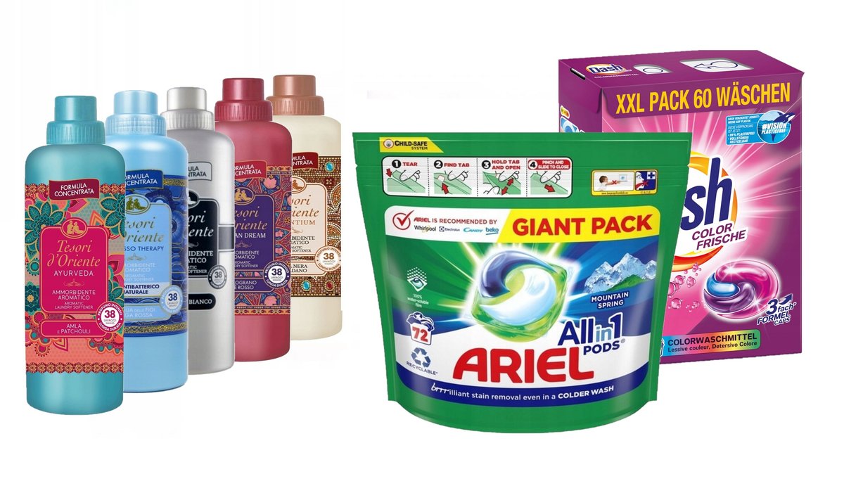 Kapsułki do prania DASH ARIEL 60szt + 72szt Płyn do płukania TESORI 5x 760 ml