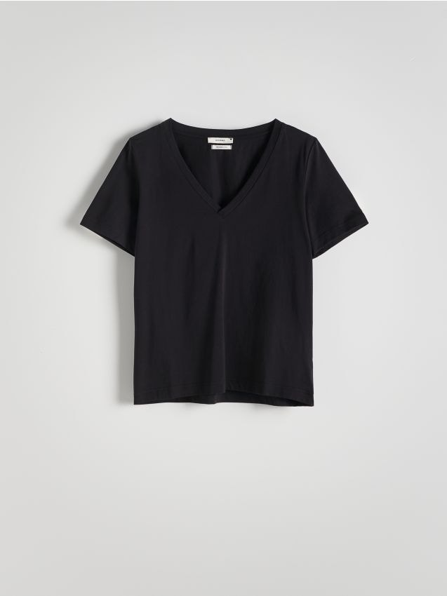 Reserved - T-shirt z dekoltem V - czarny
