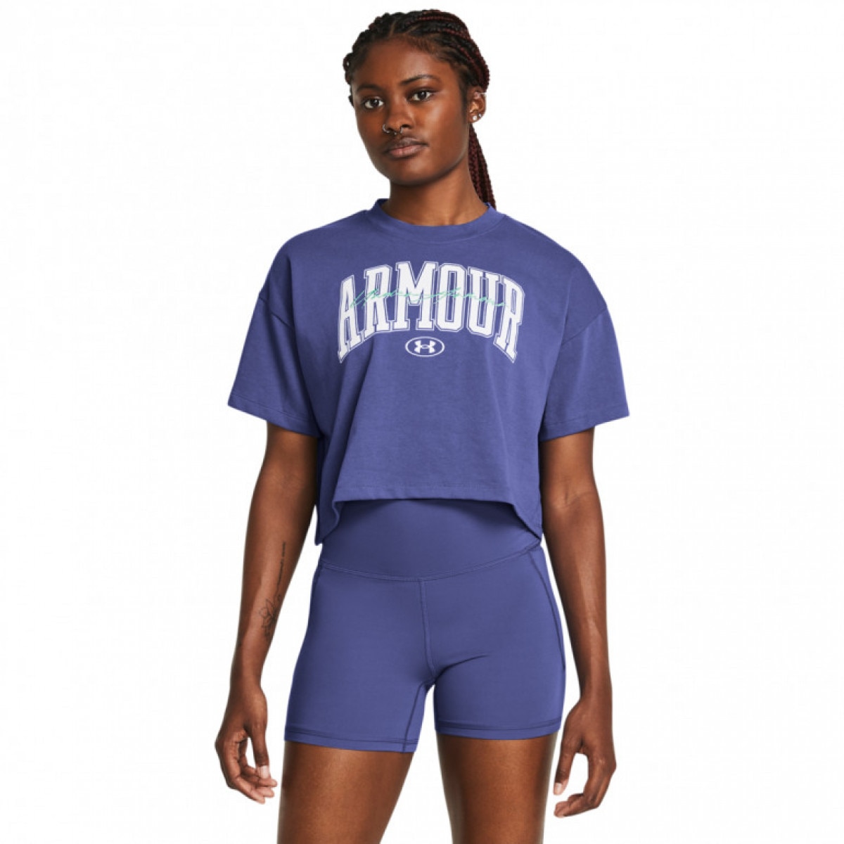 Damski t-shirt crop-top z nadrukiem Under Armour UA HW Scripted WM Crop SS - fioletowy - UNDER ARMOUR