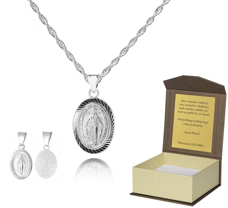 925 Srebrny łańcuszek medalik DEDYKACJA 45 cm LM62