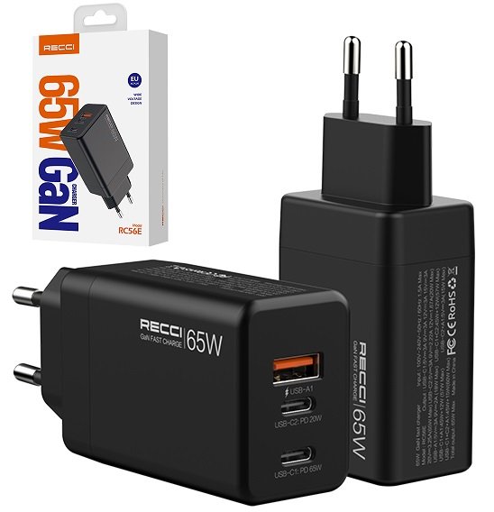SZYBKA ŁADOWARKA SIECIOWA GaN3 2x USB-C 1x USB 65W MOCNY ZASILACZ RECCI