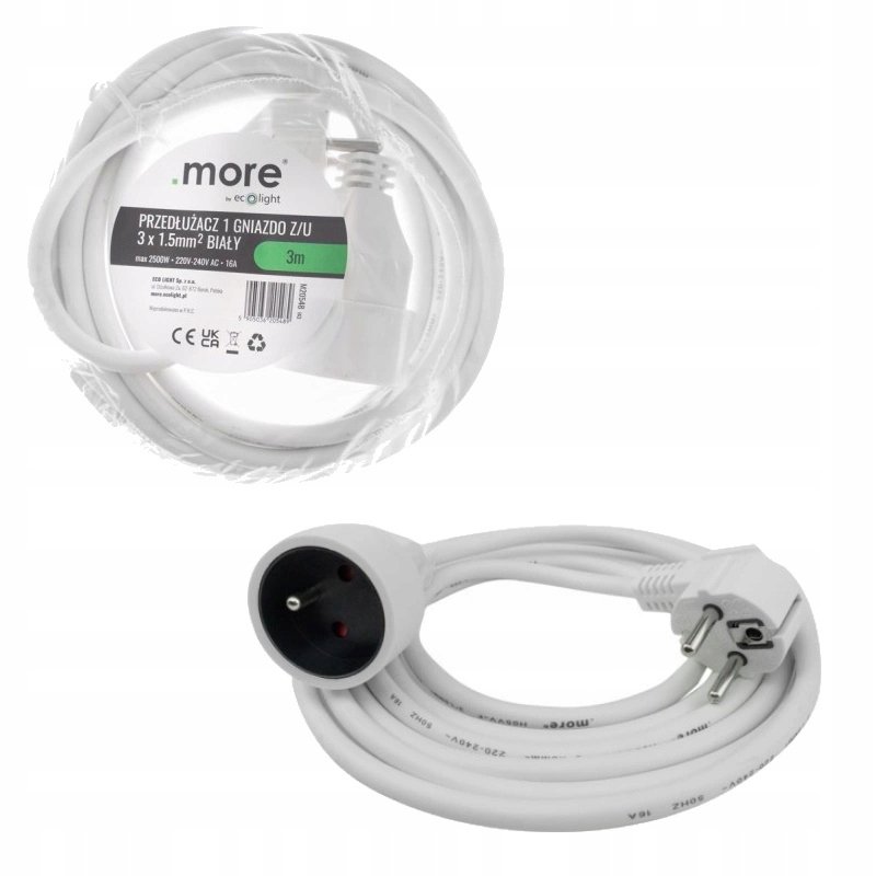 Przedłużacz Biały Pojedynczy 1 gniazdo 3m Budowlany Domowy z Uziemieniem