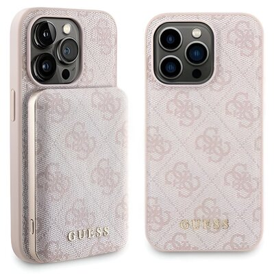 Guess Zestaw do iPhone Pro 15 + Powerbank 5000mAh MagSafe 4G Metal Logo Różowy