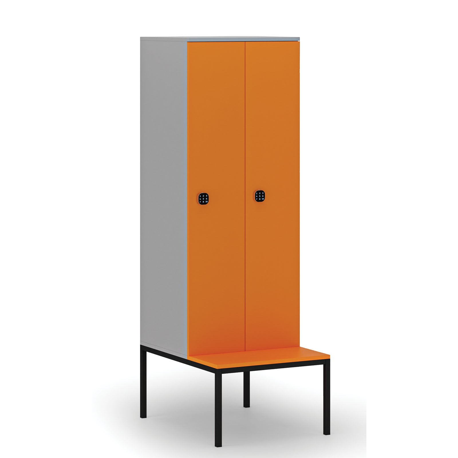 Drewniana szafa ubraniowa z ławką, 2-drzwiowa, 1871 x 600 x 500/800 mm, zamek kodowy, szary/pomarańczowy
