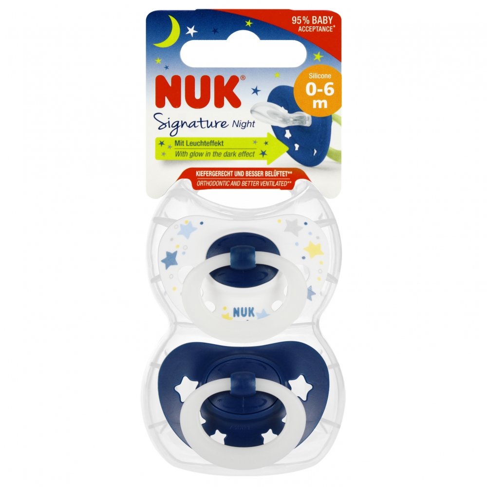 NUK Smoczek silikonowy 0-6m Signature Night niebieski op.2 szt. 10175270