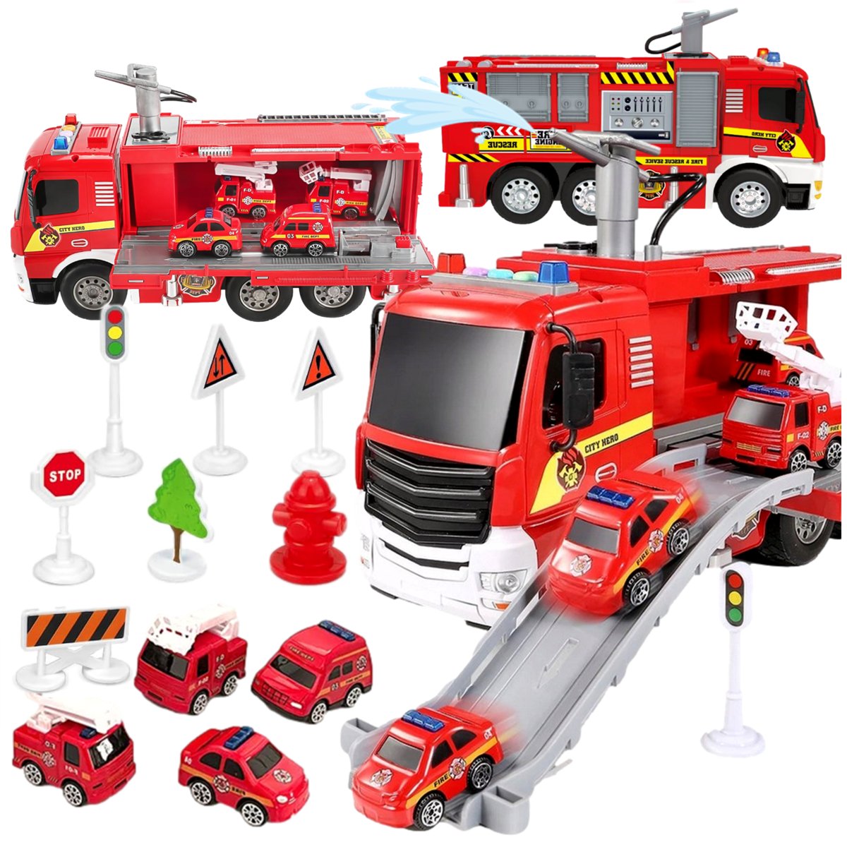 DUŻY WÓZ STRAŻACKI NA WODĘ STRAŻ POŻARNA zjeżdżalnia  wyrzutnia autek +4 auta ŚWIATŁO DŻWIĘK