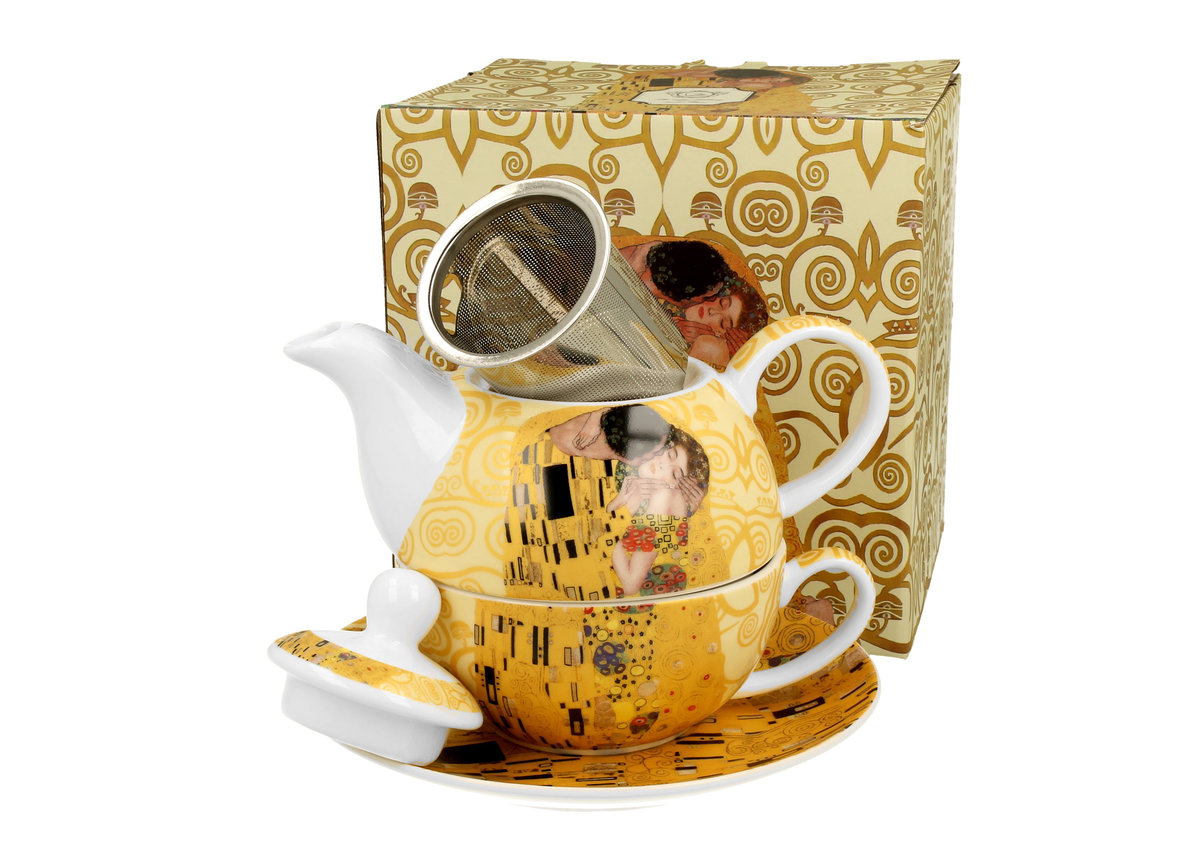 Filiżanka z dzbankiem, spodkiem i zaparzaczem THE KISS ECRU G. Klimt