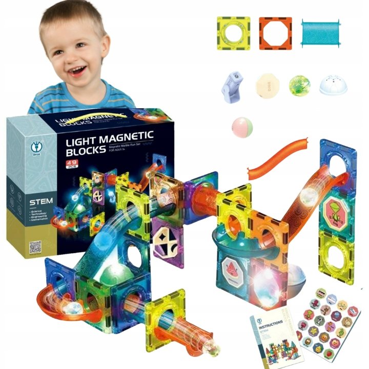 KLOCKI MAGNETYCZNE MAGNETIC DUŻE TOR KULKOWY 49EL. ZESTAW KLOCKÓW ŚWIECĄCY