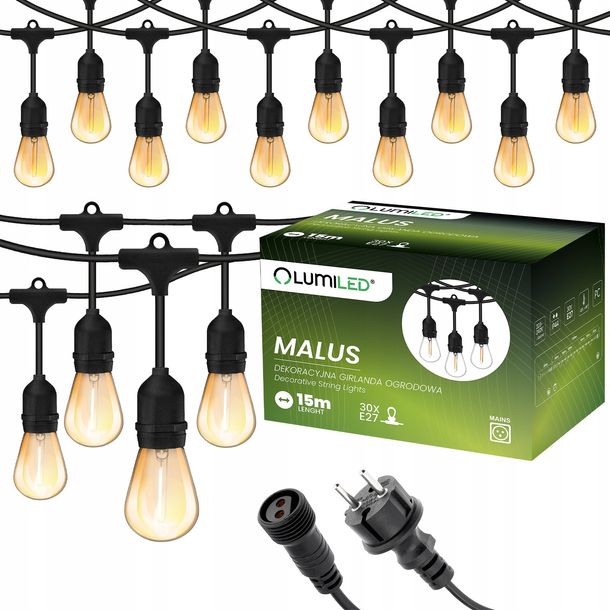 Girlanda Ogrodowa ZEWNĘTRZNA ŁAŃCUCH ŚWIETLNY 15m + 30 LED E27 ŻARÓWKI