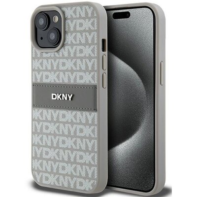Oryginalne Etui IPHONE 13 / 14 / 15 DKNY Hardcase Leather Mono Stripe & Metal Logo (DKHCP15SPRTHSLE) beżowe