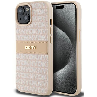 Oryginalne Etui IPHONE 13 / 14 / 15 DKNY Hardcase Leather Mono Stripe & Metal Logo (DKHCP15SPRTHSLP) różowe