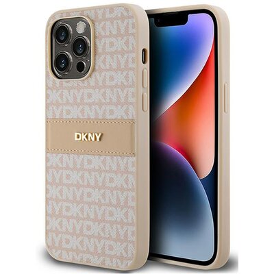 Oryginalne Etui IPHONE 14 PRO DKNY Hardcase Leather Mono Stripe & Metal Logo (DKHCP14LPRTHSLP) różowe