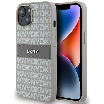 Oryginalne Etui IPHONE 13 / 14 / 15 DKNY Hardcase Leather Mono Stripe & Metal Logo (DKHCP14SPRTHSLE) beżowe
