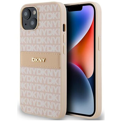 Oryginalne Etui IPHONE 13 / 14 / 15 DKNY Hardcase Leather Mono Stripe & Metal Logo (DKHCP14SPRTHSLP) różowe