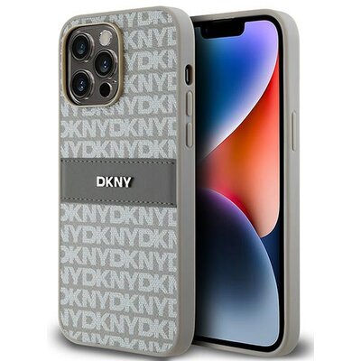 Oryginalne Etui IPHONE 14 PRO MAX DKNY Hardcase Leather Mono Stripe & Metal Logo (DKHCP14XPRTHSLE) beżowe