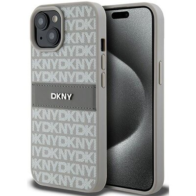 Oryginalne Etui IPHONE 15 PLUS / 14 PLUS DKNY Hardcase Leather Mono Stripe & Metal Logo (DKHCP15MPRTHSLE) beżowe