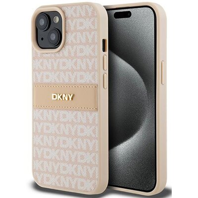 Oryginalne Etui IPHONE 15 PLUS / 14 PLUS DKNY Hardcase Leather Mono Stripe & Metal Logo (DKHCP15MPRTHSLP) różowe