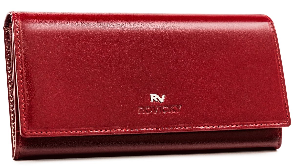 Ekskluzywny klasyczny portfel damski poziomy ze skóry naturalnej z ochroną RFID Protect Rovicky, czerwony