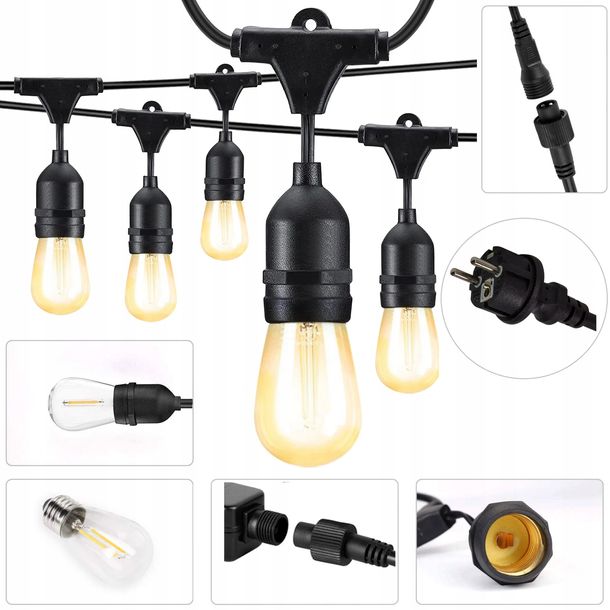 ﻿Girlanda Ogrodowa Świetlna 40m LED Łańcuch 40 Żarówek x E27 Lampki Ogrodowe