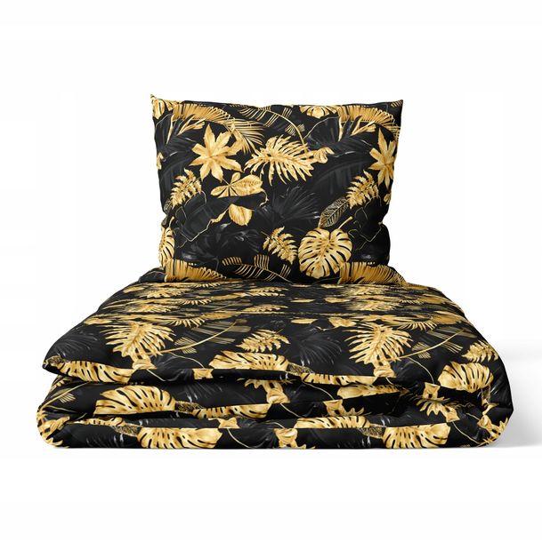 Pościel 140x200cm, 70x80cm, 140g/m2, bawełna 100% Liście 3D złoto czarne
