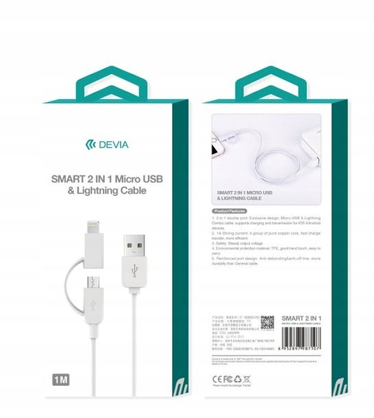 Devia Kabel USB Devia lightning micro 1m biały BRA006015