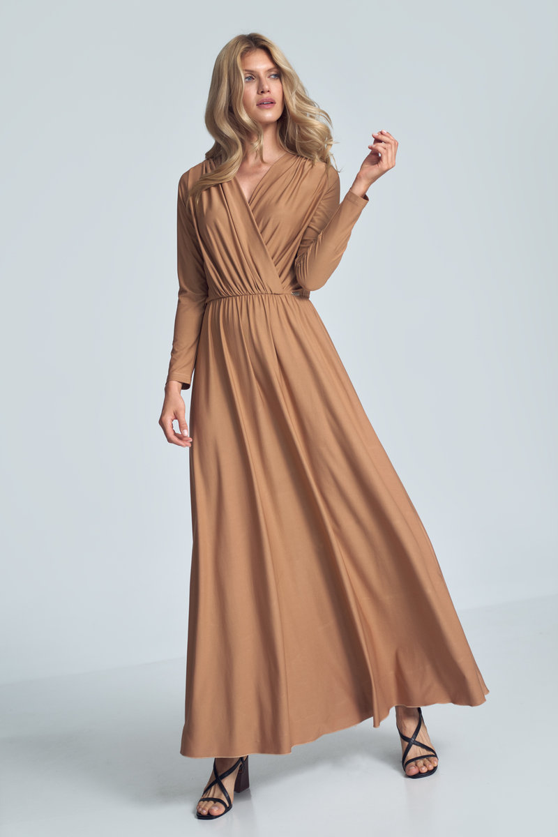 Elegancka SUKIENKA maxi z marszczonym dekoltem | z gumką | Beżowa L