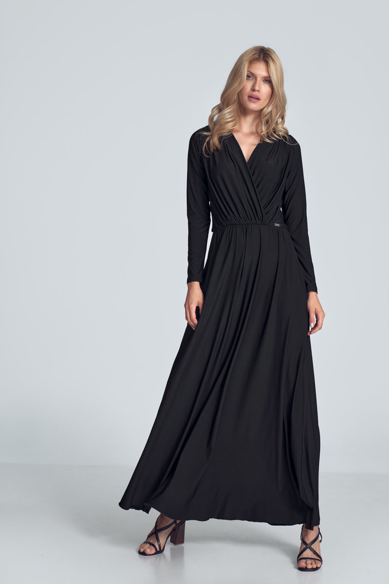 Elegancka SUKIENKA maxi z marszczonym dekoltem | z gumką | Czarna M