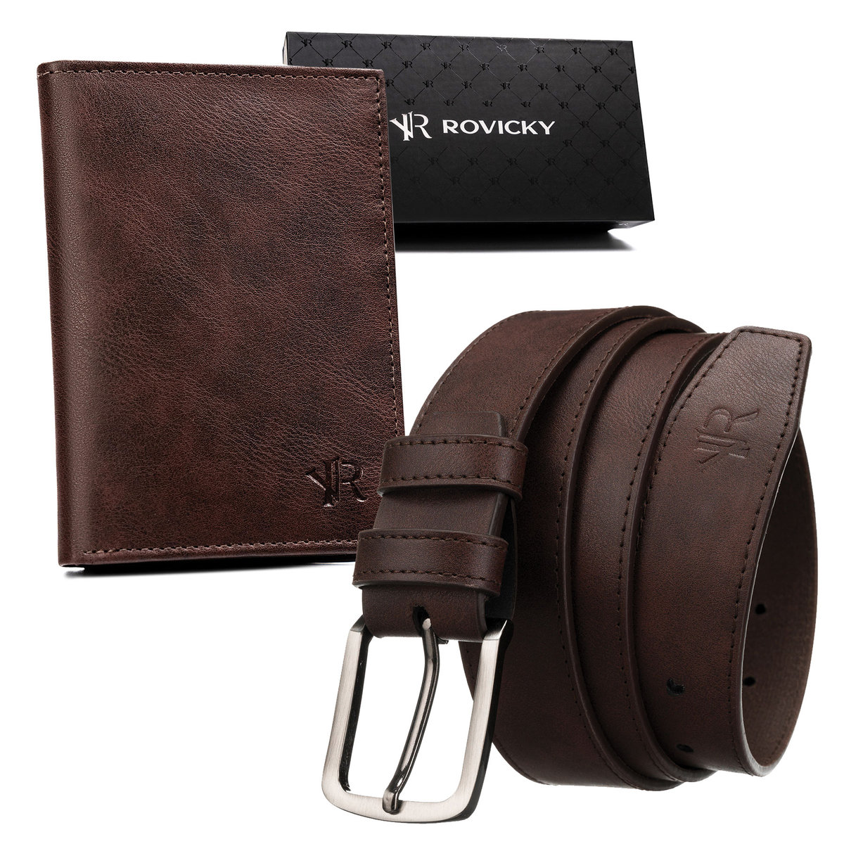 Zestaw prezentowy męski portfel z ochroną RFID na karty + pasek eko skóra rozmiar 120 Rovicky, brązowy