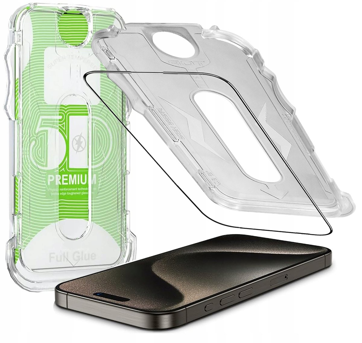 Szkło HARTOWANE 5D do iPhone 15 Pro EASY STICK EZ BOX PEŁNE ŁATWY MONTAŻ