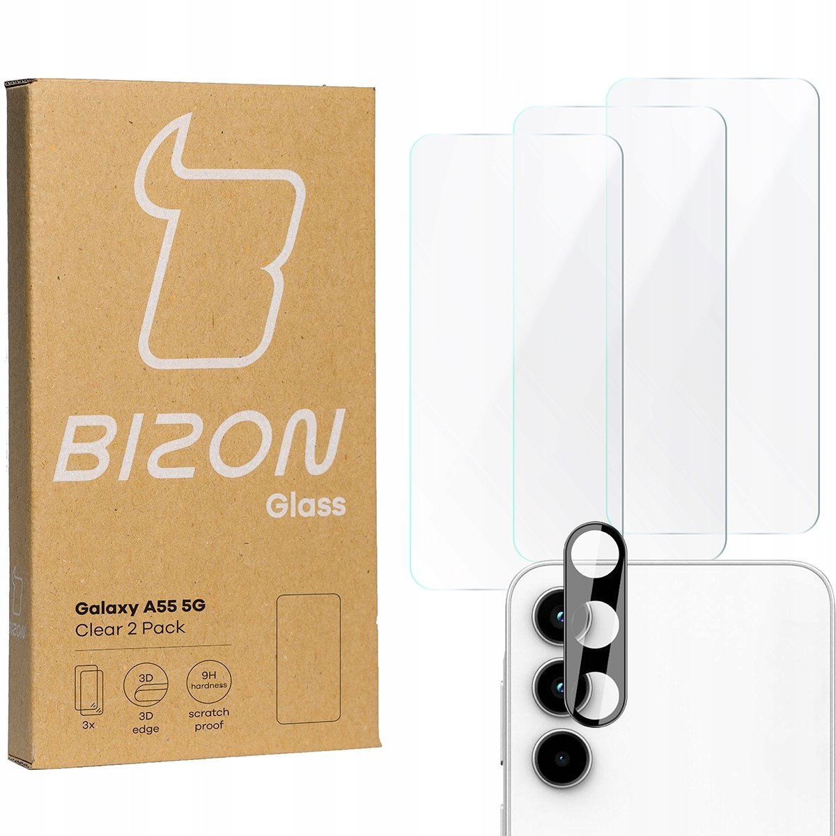 3x Szkło + szybka na aparat BIZON Clear 2 Pack do Galaxy A55 5G
