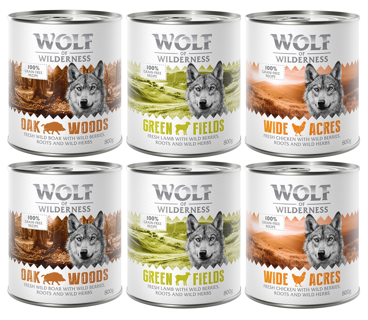 10% taniej! Wolf of Wilderness, karma mokra dla psa, 6 x 800 g - Mieszany pakiet próbny Adult: Dzik, kurczak, jagnięcina