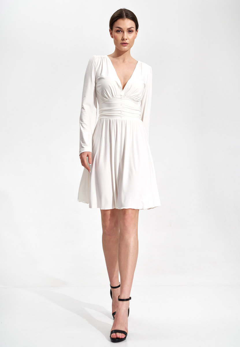 Rozkloszowana SUKIENKA z drapowanym pasem | Ecru S