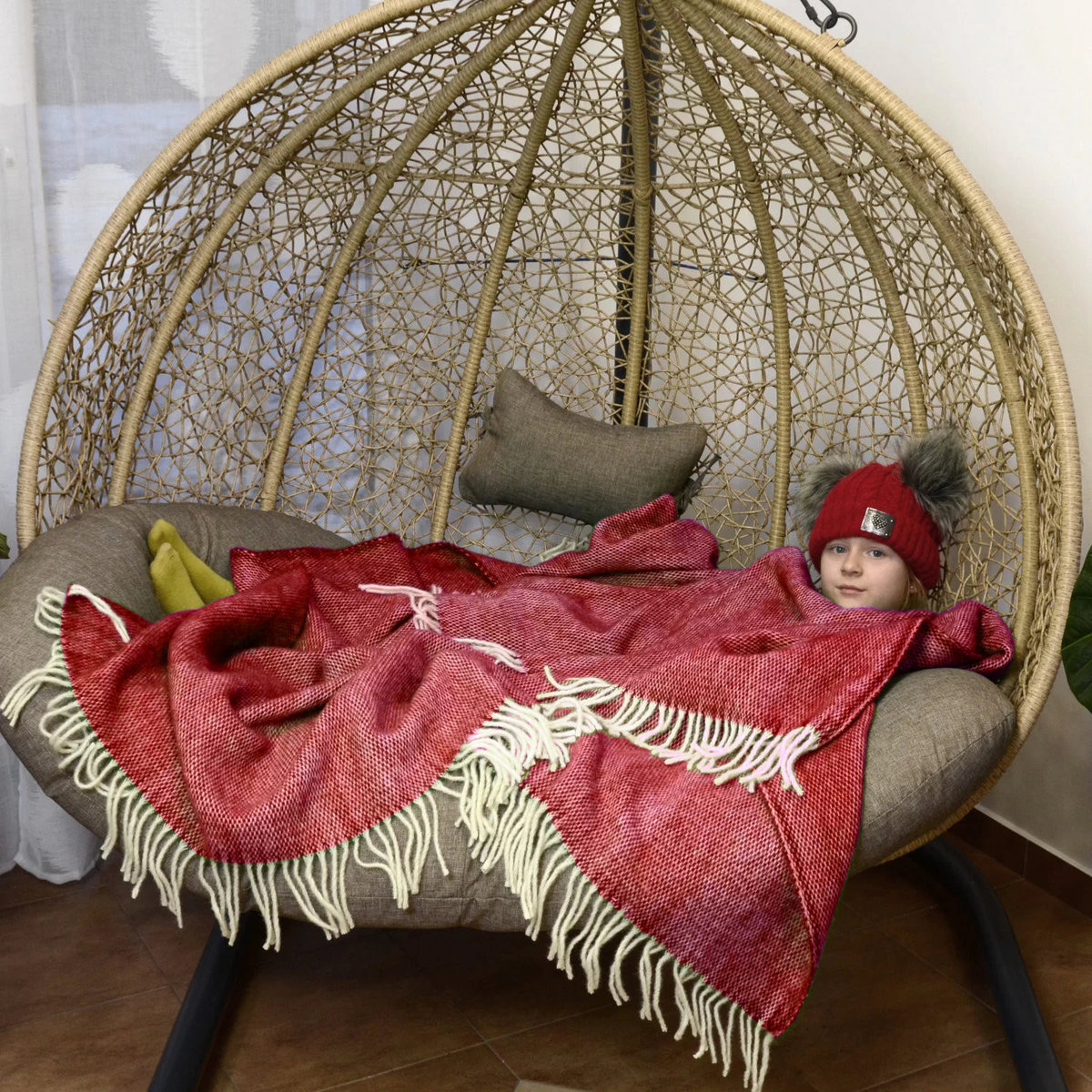 Koc Z Wełny Nowozelandzkiej 150X200 Plecionka - Bordowy