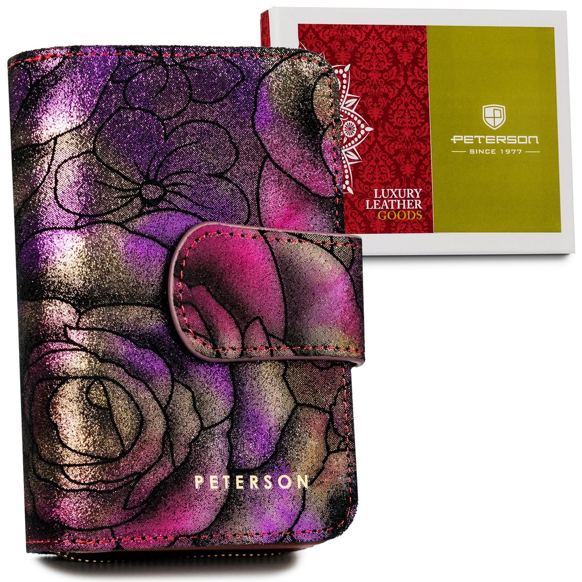 Skórzany portfel damski pionowy z kwiecistym wzorem PETERSON