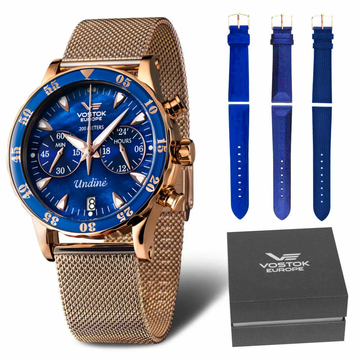 Zegarek damski Vostok Europe Undine z bransoletką złoty z niebieską tarczą VK64-515B670B