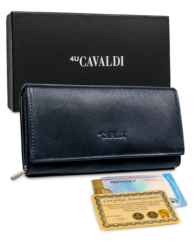 Portfel damski skórzany Cavaldi duży na karty dokumenty dowód rejestracyjny z ochroną RFID, granatowy