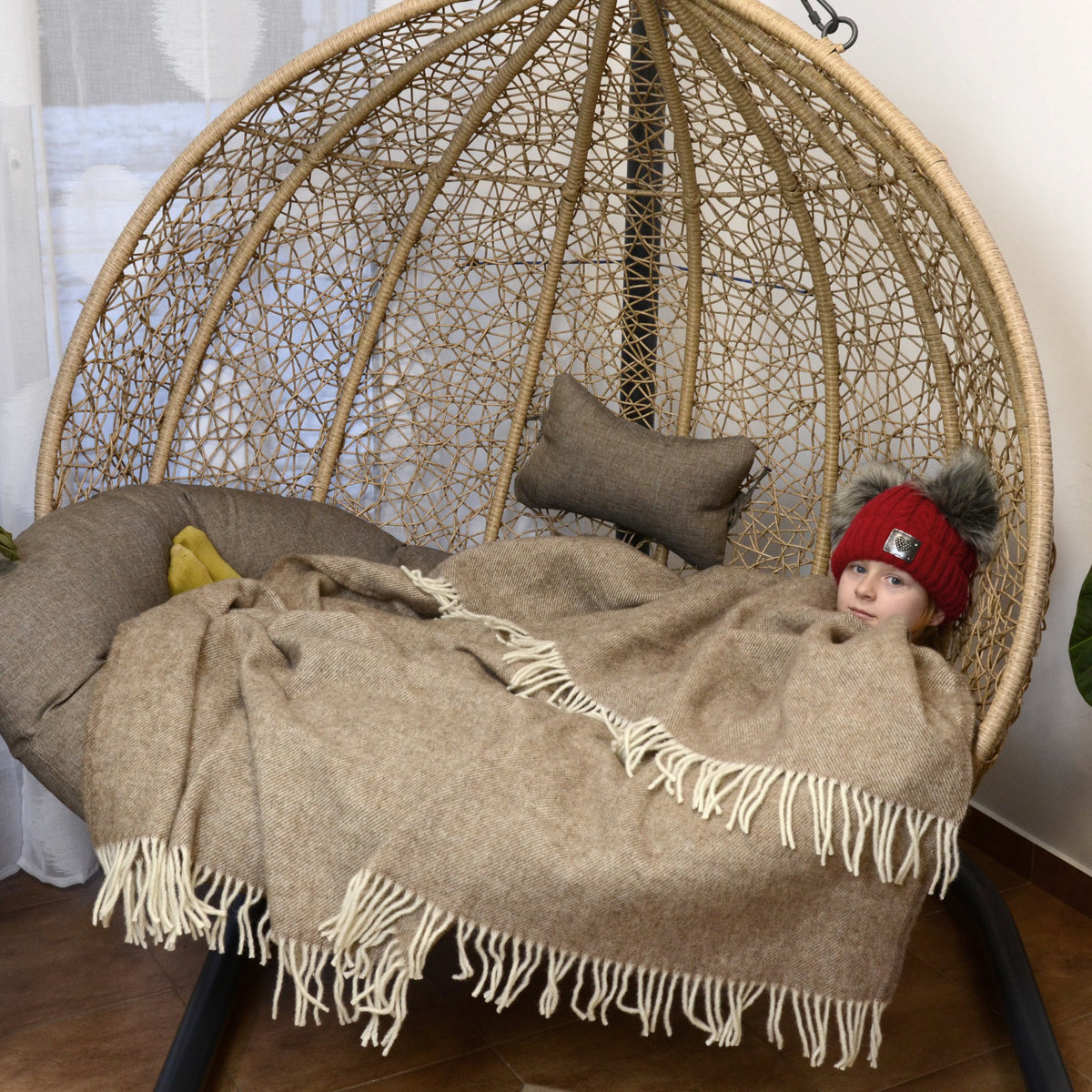 Koc Z Wełny Nowozelandzkiej Prążek - Beżowy