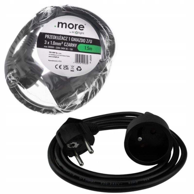 Przedłużacz Czarny Pojedynczy 1 gniazdo 1.5m Budowlany Domowy z Uziemieniem