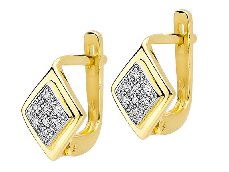 Złote kolczyki 585 angielskie romby z diamentami