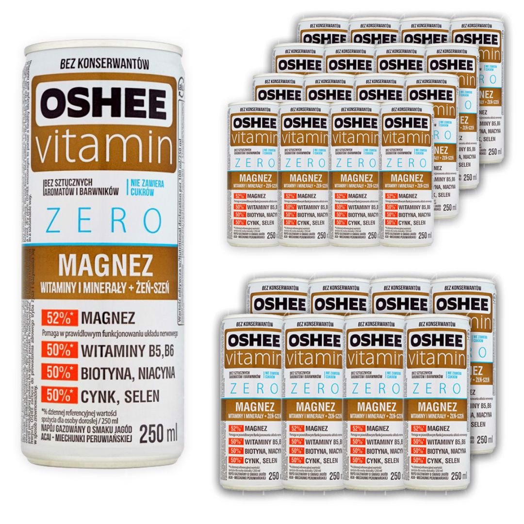 Oshee Vitamin Zero Magnez Napój gazowany o smaku jagód acai miechunki peruwiańskiej 250 ml x 24 sztuk
