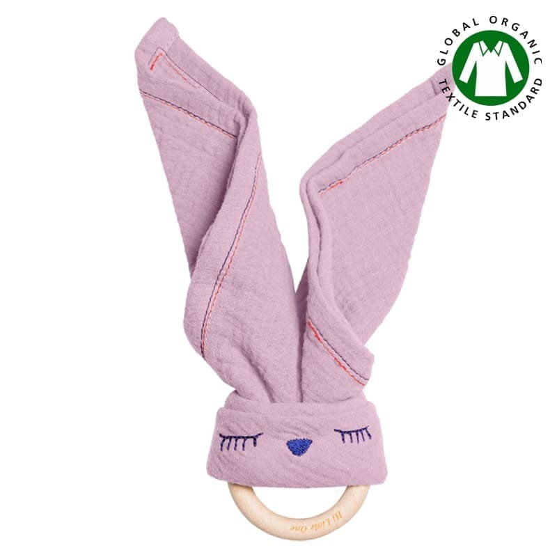 Hi Little One - Przytulanka Z Organicznej Bio Bawełny Gots Z Gryzakiem Sleepy Bunny Cozy Muslin With Teether 2In1 Baby Pink Dark