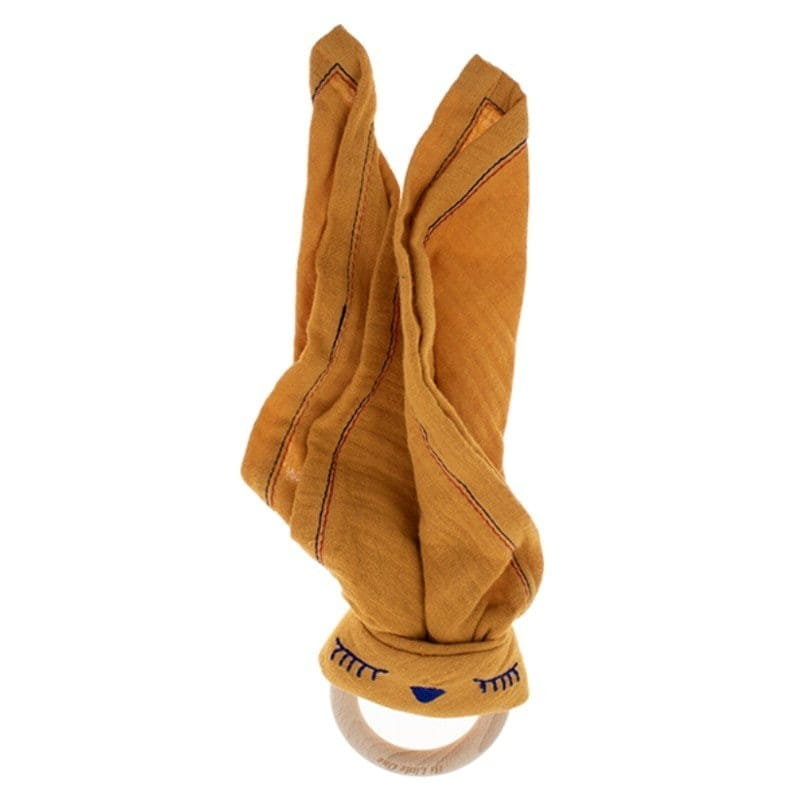 Hi Little One - Przytulanka Z Organicznej Bio Bawełny Gots Z Gryzakiem Sleepy Bunny Cozy Muslin With Wood Teether 2In1 Apricot